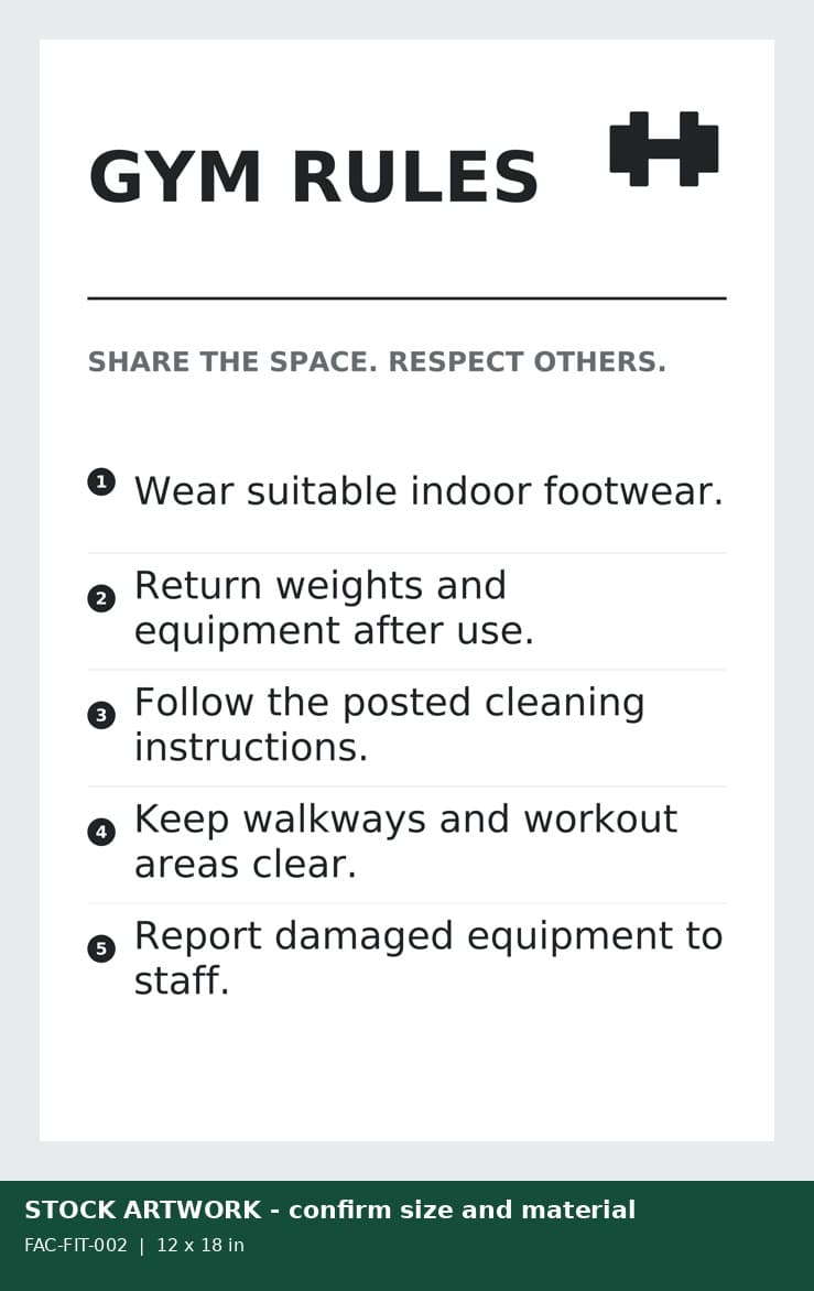 Example gym-rules artwork with five sample facility policies