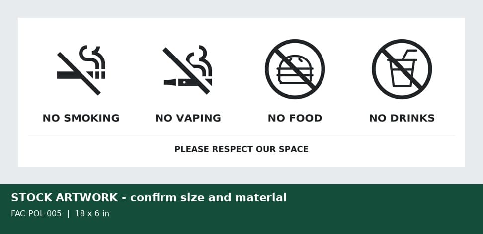 Example strip with no smoking, no vaping, no food and no drinks icons