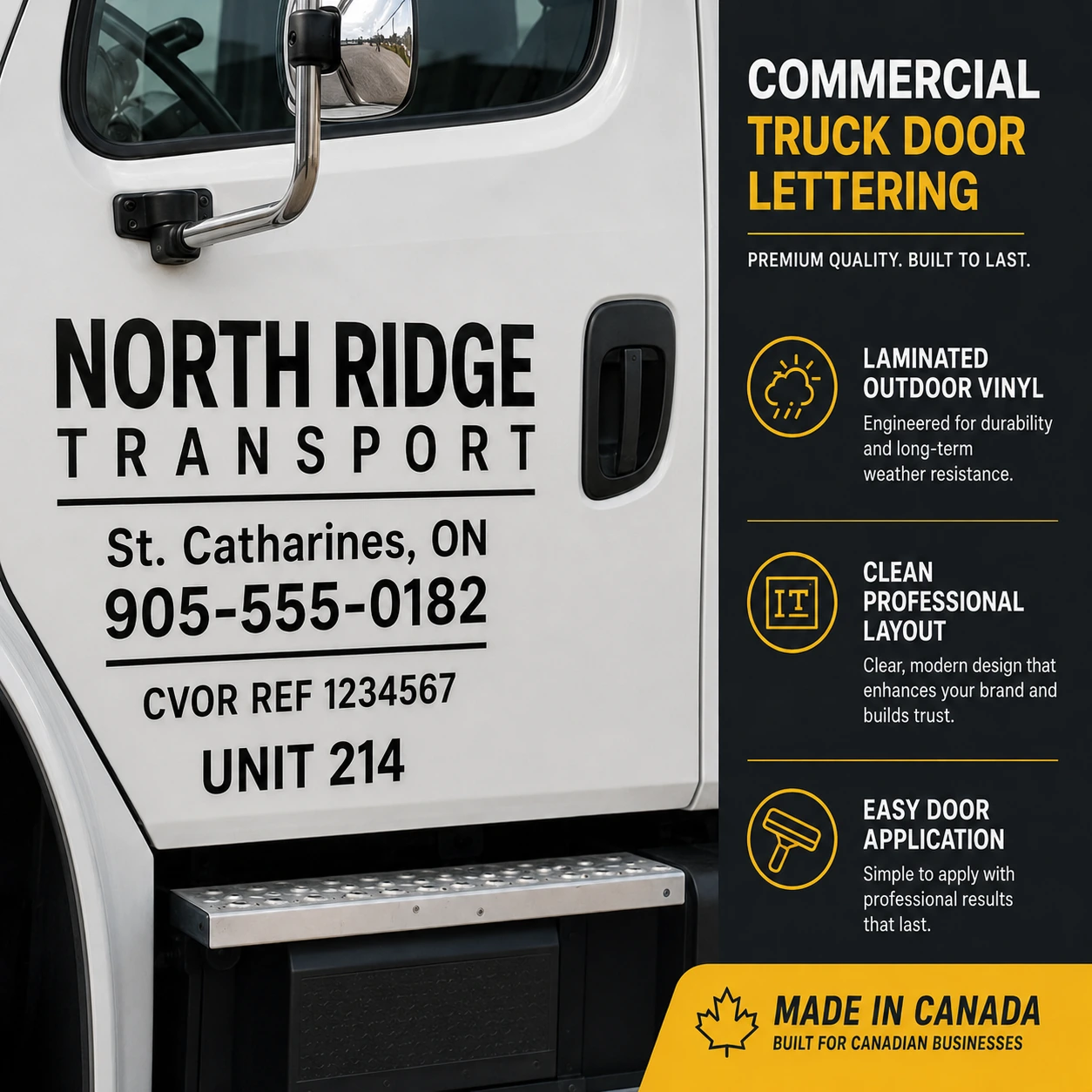 Close-up of commercial truck door lettering with company name, phone number, CVOR reference, and unit number