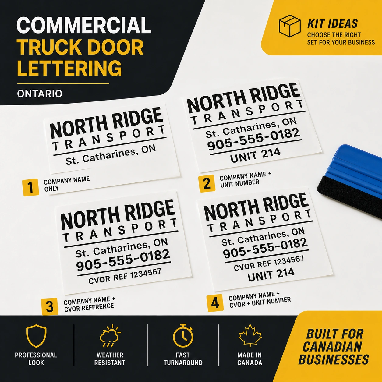 Commercial truck door lettering kit options including company name only, unit number, CVOR reference, and full fleet layout
