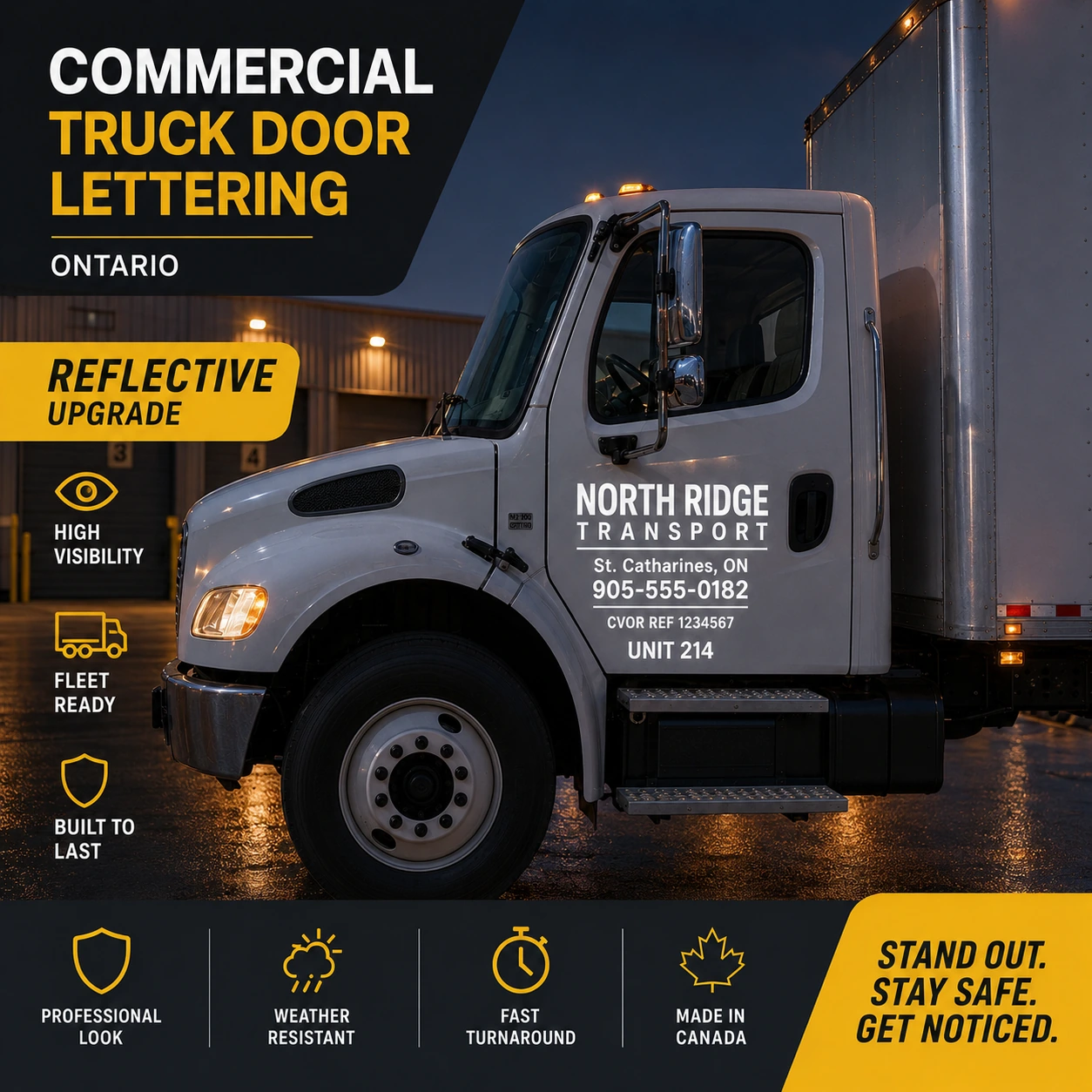 Reflective commercial truck door lettering shown at night on a fleet truck