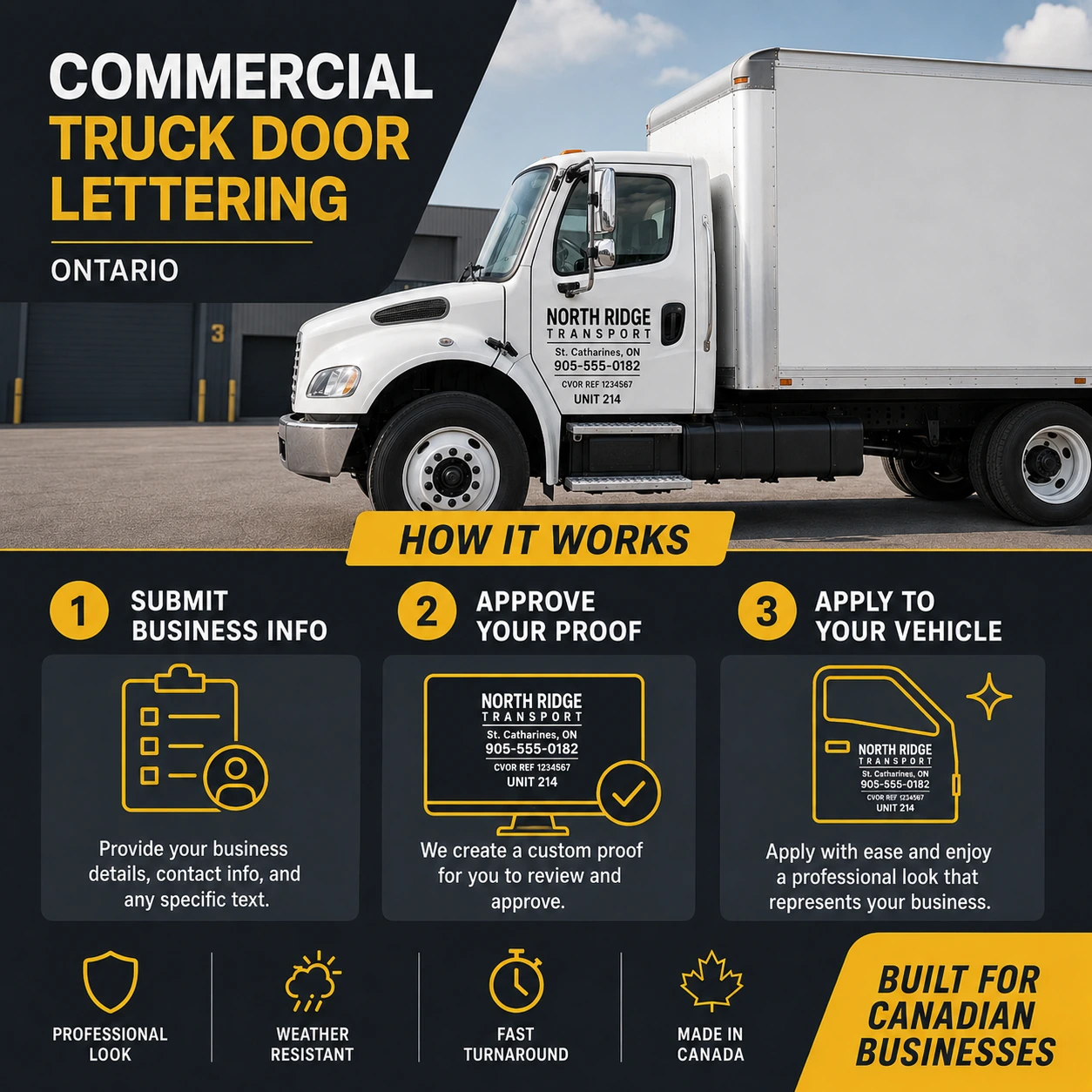 Three-step process for ordering commercial truck door lettering: submit business info, approve proof, apply to vehicle