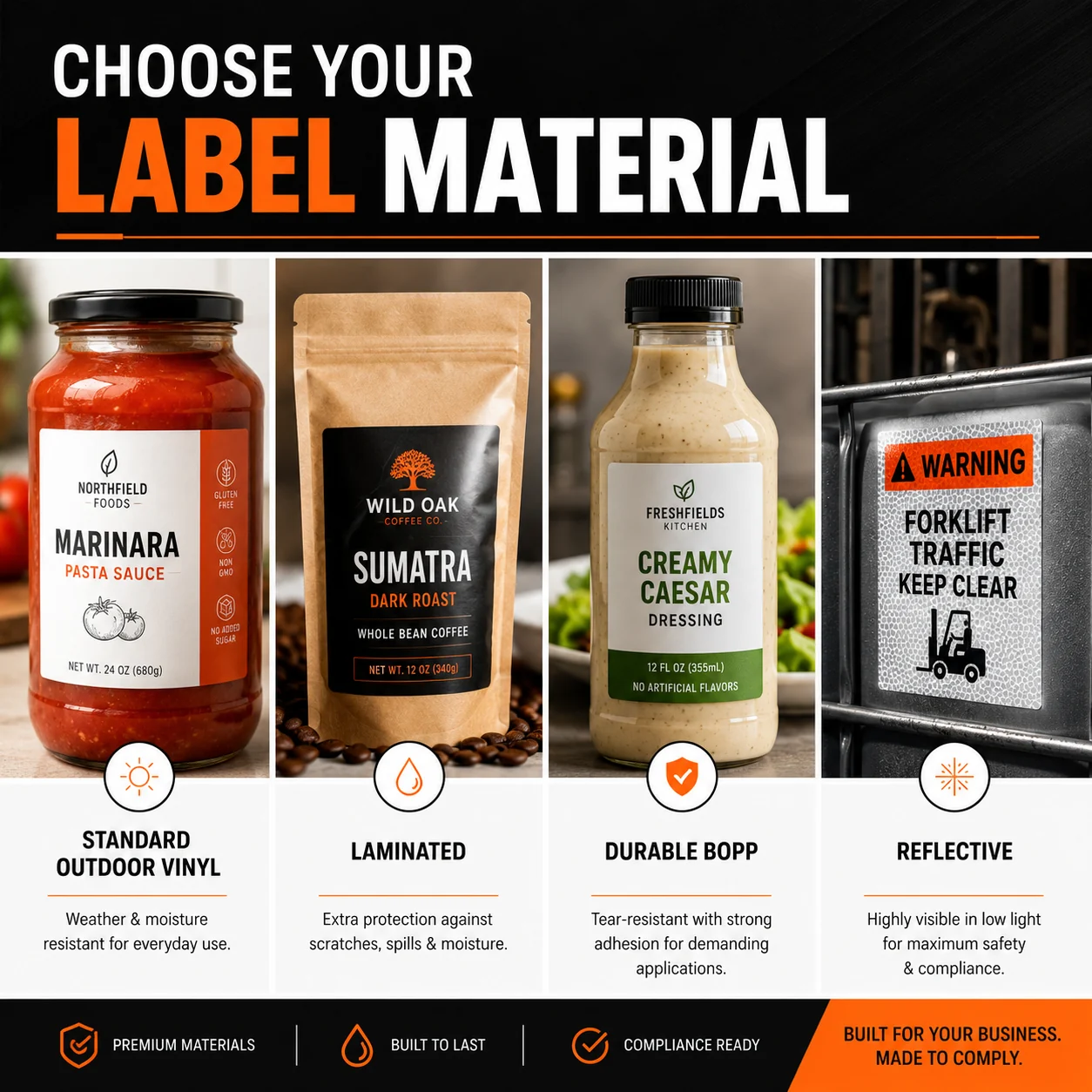 Regulatory label material options in standard protected BOPP and reflective media