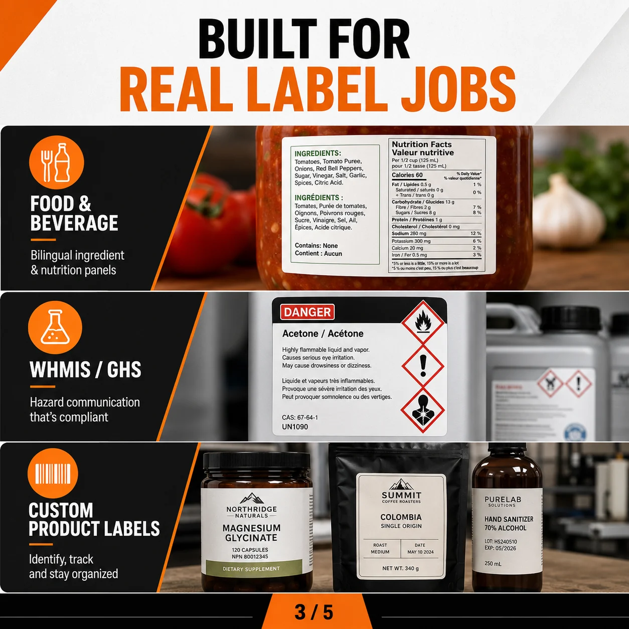 Supplied-content food beverage bilingual and WHMIS label printing use cases