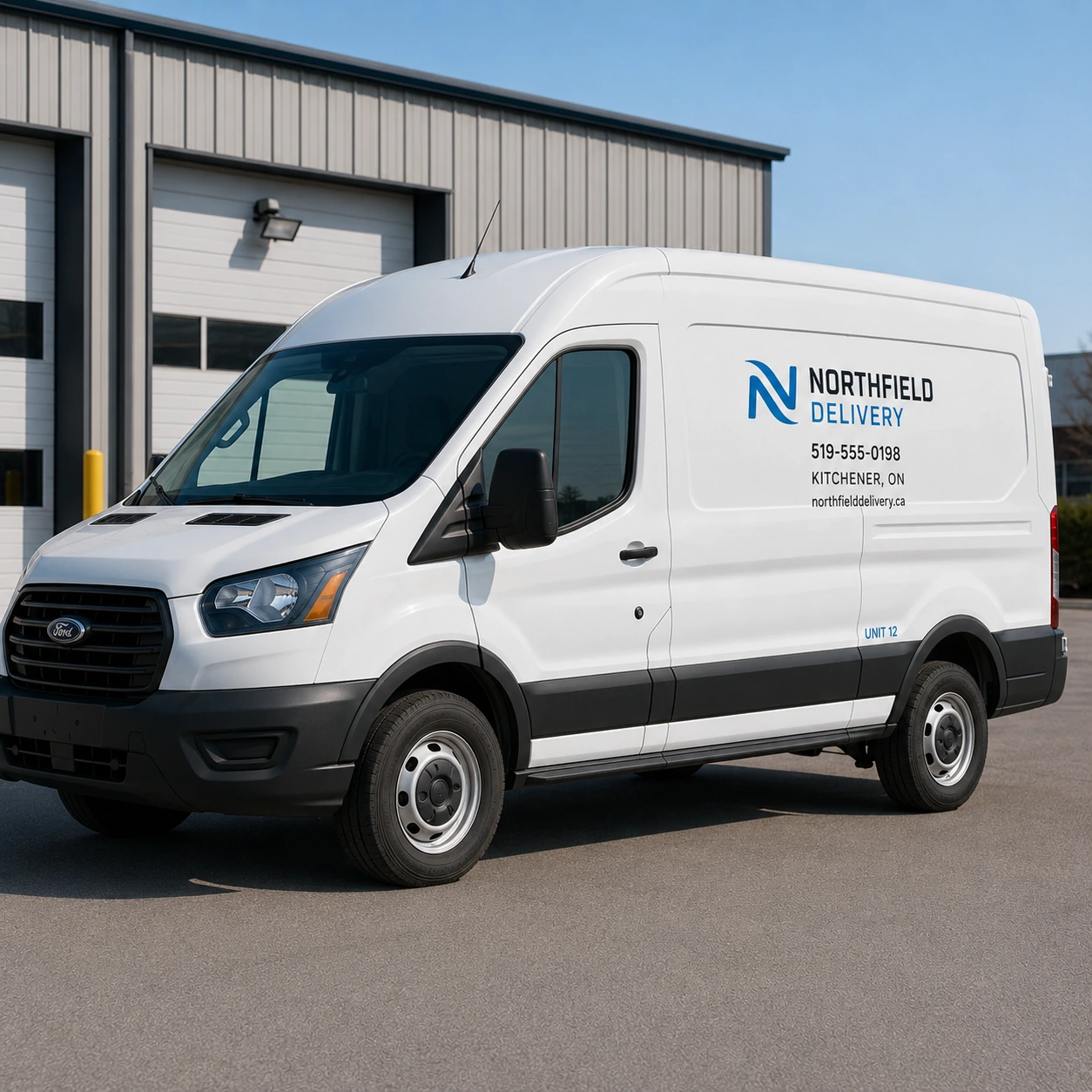 Cargo van side lettering with business name website and service area