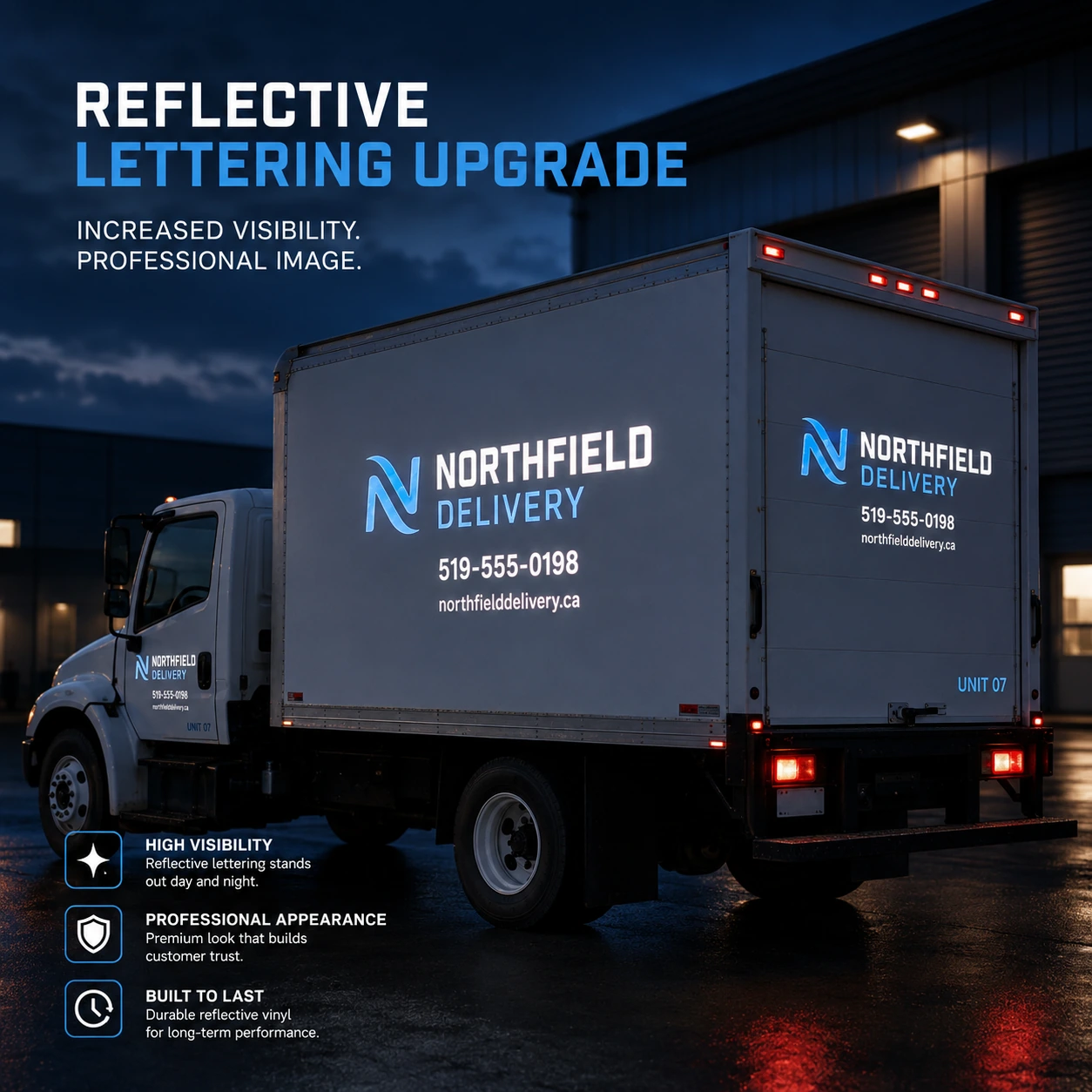 Reflective delivery van lettering upgrade shown at night
