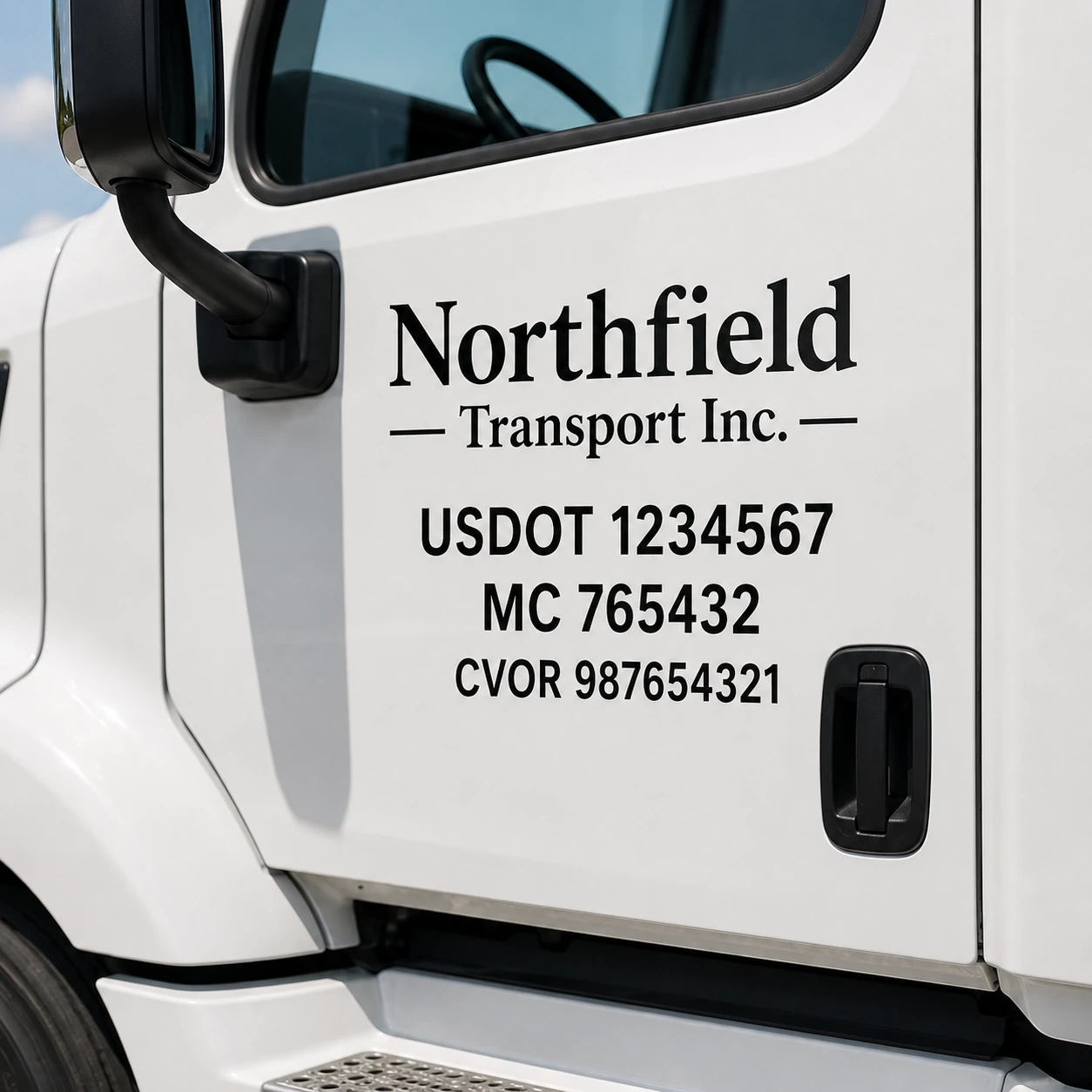 Close up of legal business name with USDOT and MC number lettering